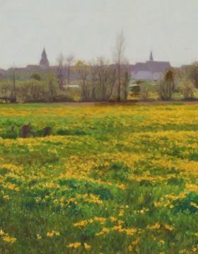 Faaborg Museum maleri gul mark med Klokketårn